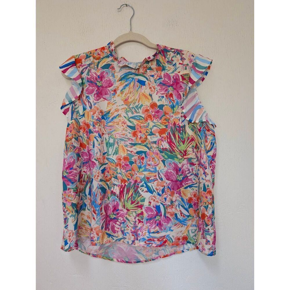 Flying Tomato Womens Floral Ruffle Flutter Sleeve Blouse Top Multicolor Sz Large
